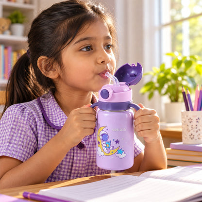 Wukusy kids stainless steel sipper water bottle with handles and strap, 500ml, in vibrant colors for easy carry and hydration.