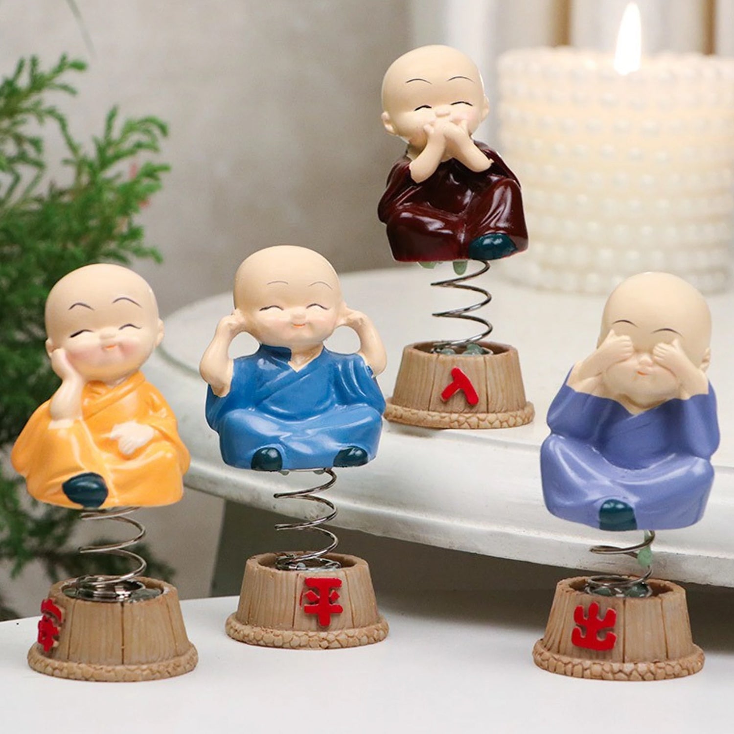 Baby Monk Buddha Bobblehead Figurine Set For Car Dashboard And Home Decor (4 Pc)