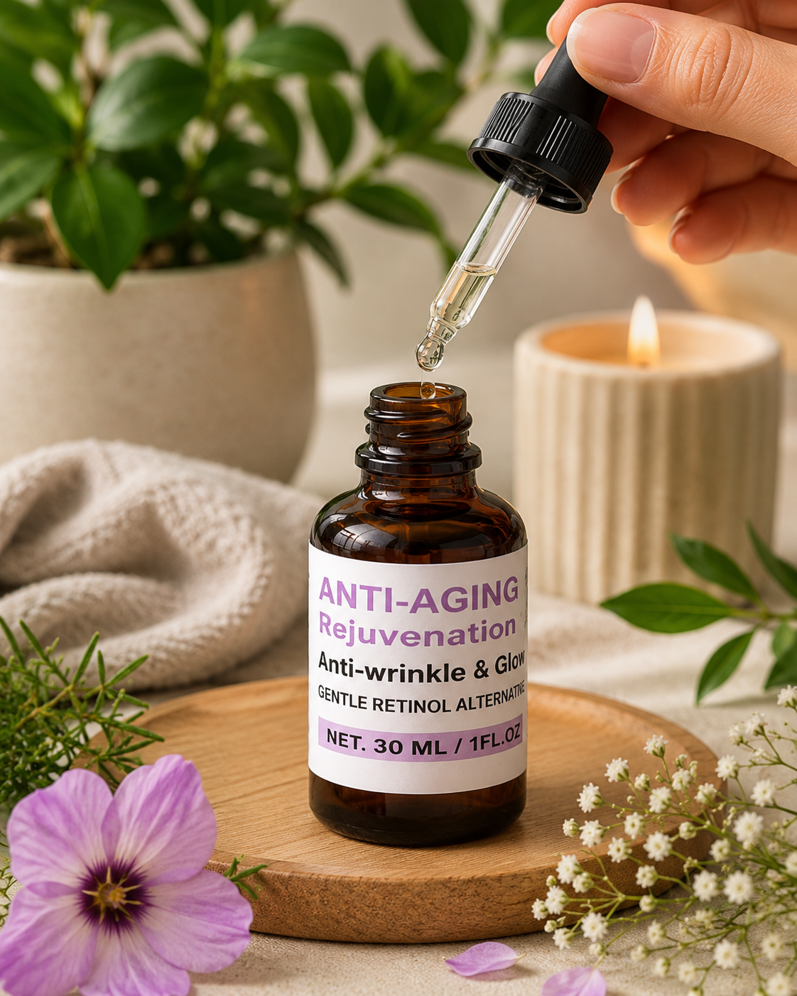 Dropdash Anti-Aging Retinol Rejuvenation Serum with a sleek 30ml bottle, designed to reduce wrinkles and enhance skin glow.
