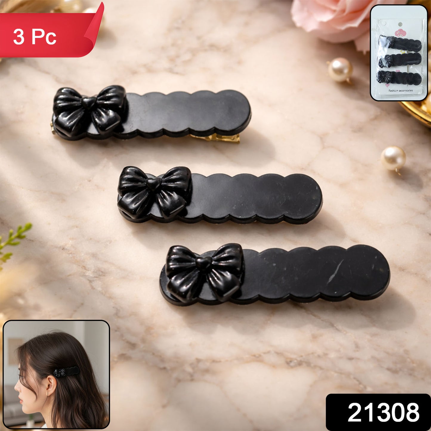Set of three elegant black bow decorative hair clips by Wukusy, perfect for stylish hair accessories.