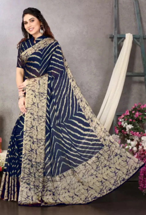Printed, Striped Leheria Chiffon, Georgette Saree (Dark Blue)