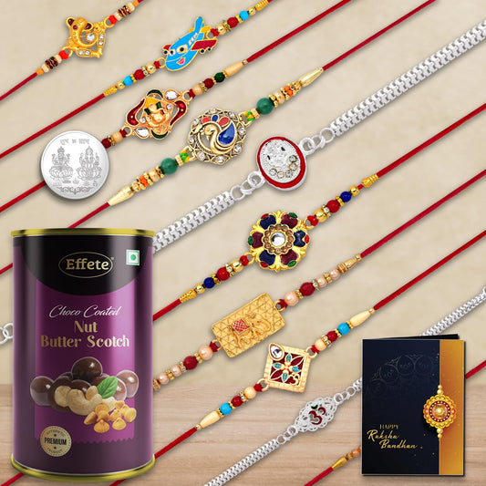Multicolor bracelet Rakhi with silver coin, chocolates, and greeting card for brother, presented in a festive Rakhi combo.