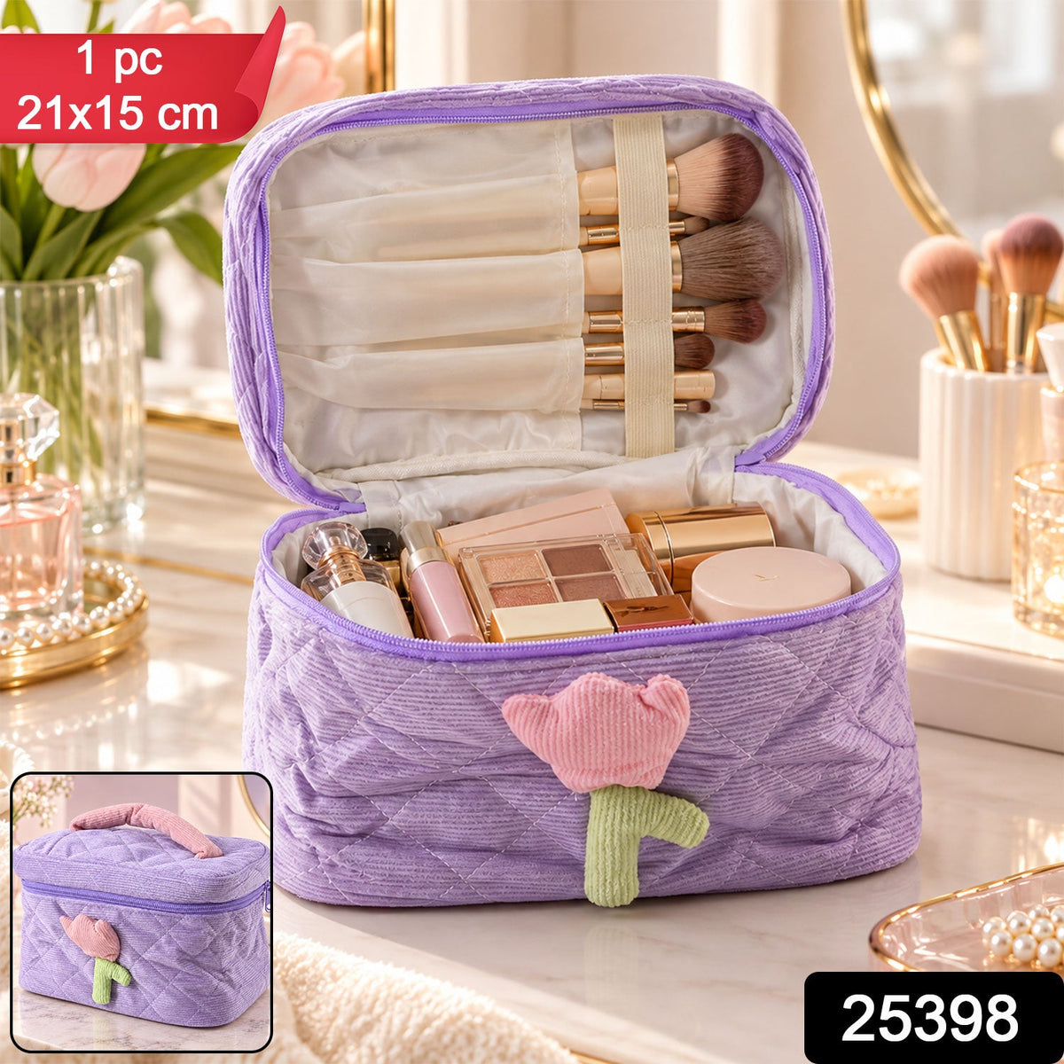 Wukusy reusable quilted bento bag with handle and storage pockets, showing its compact 21x15 cm design in a natural fabric finish.