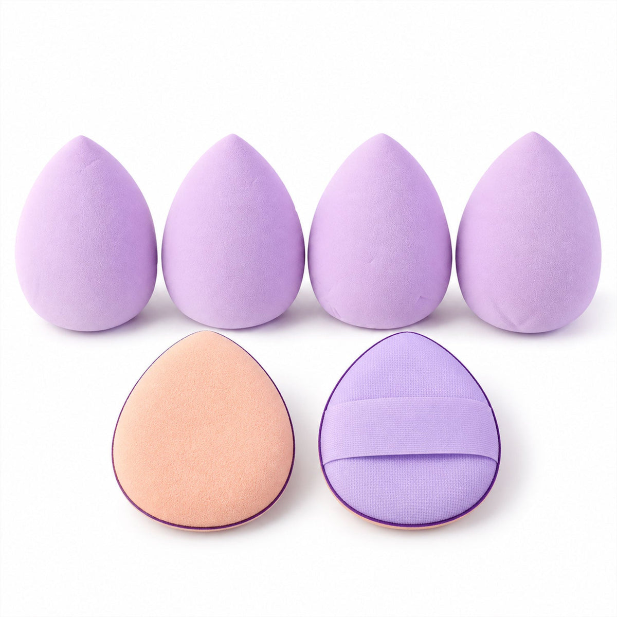 Wukusy makeup blending sponge and powder puff set for face cosmetics, showing six soft sponges and puffs in a variety of sizes.