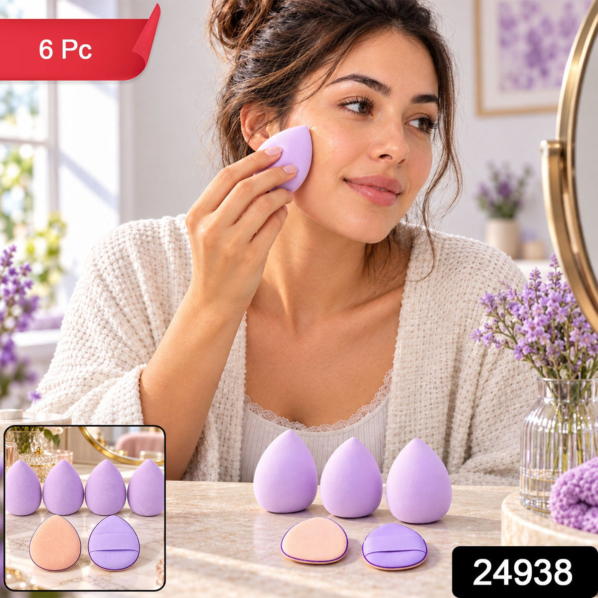 Wukusy makeup blending sponge and powder puff set for face cosmetics, showing six soft applicators in a variety of shapes.