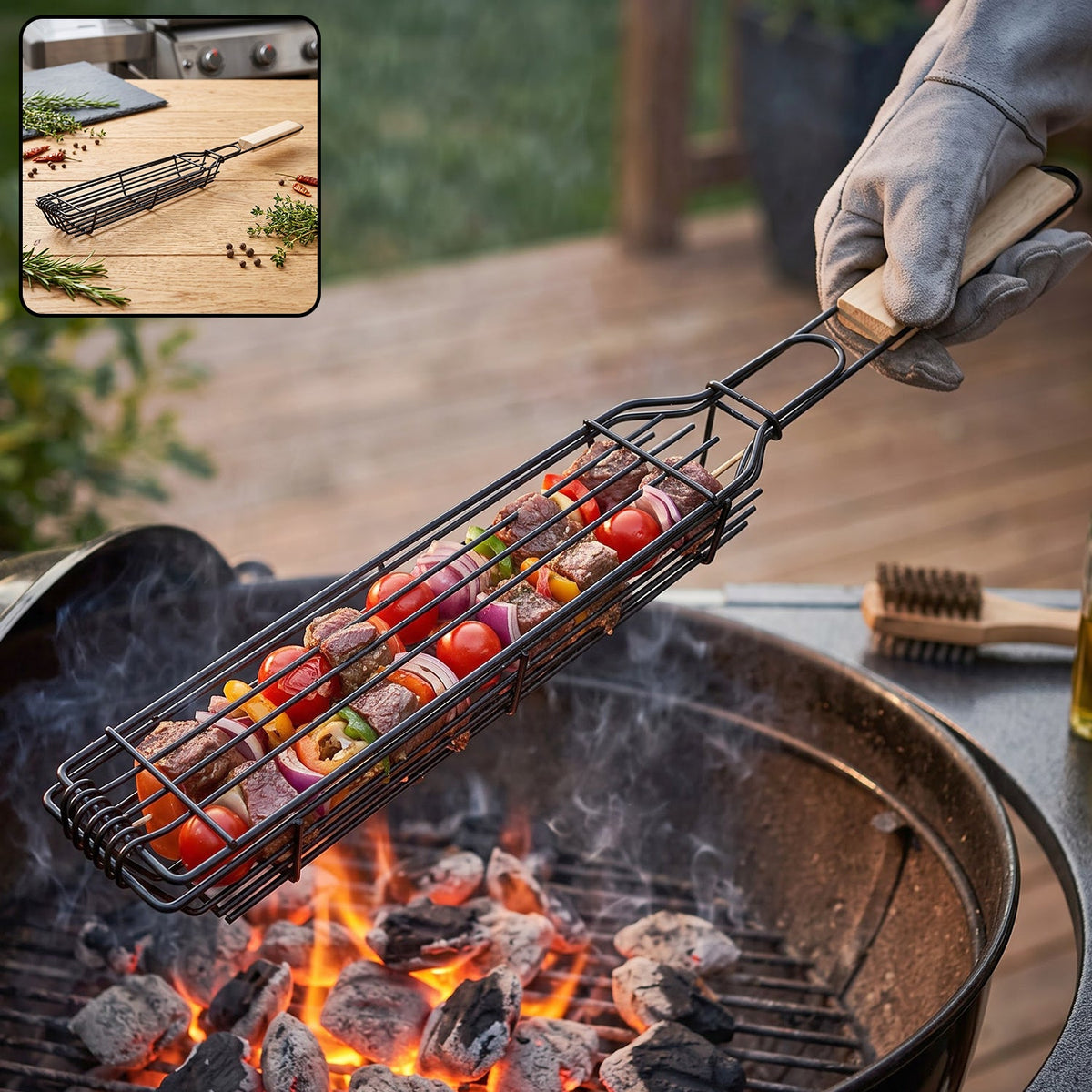 Metal Barbecue Grill Basket With Wooden Handle For Outdoor Bbq Cooking (1 Piece)