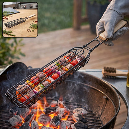 Metal Barbecue Grill Basket With Wooden Handle For Outdoor Bbq Cooking (1 Piece)