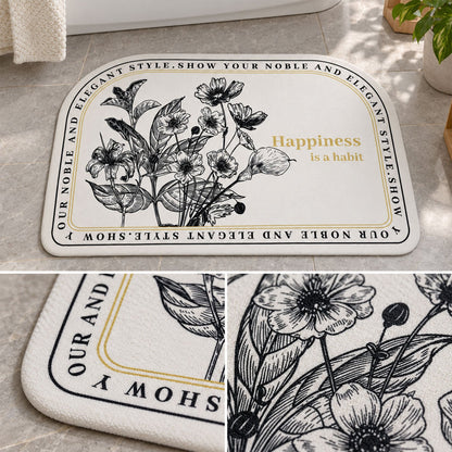 Wukusy absorbent half-round bathroom mat with botanical quote print, 50x80 cm, showcasing soft fabric and stylish design.
