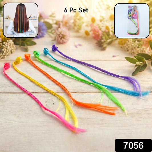 Colorful braided hair extension streaks for girls and kids, 6-piece set by Wukusy, shown in vibrant, multi-colored strands.