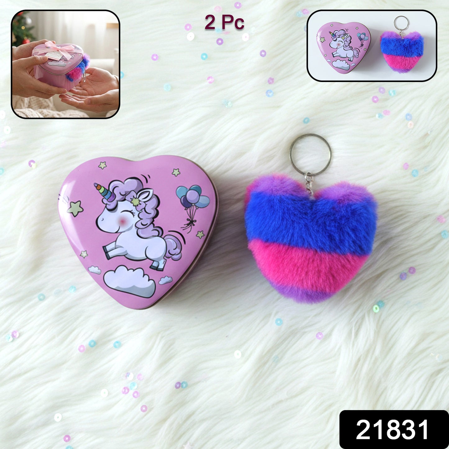Heart Shape Gift Box  Plush Keychain (2 Pc)