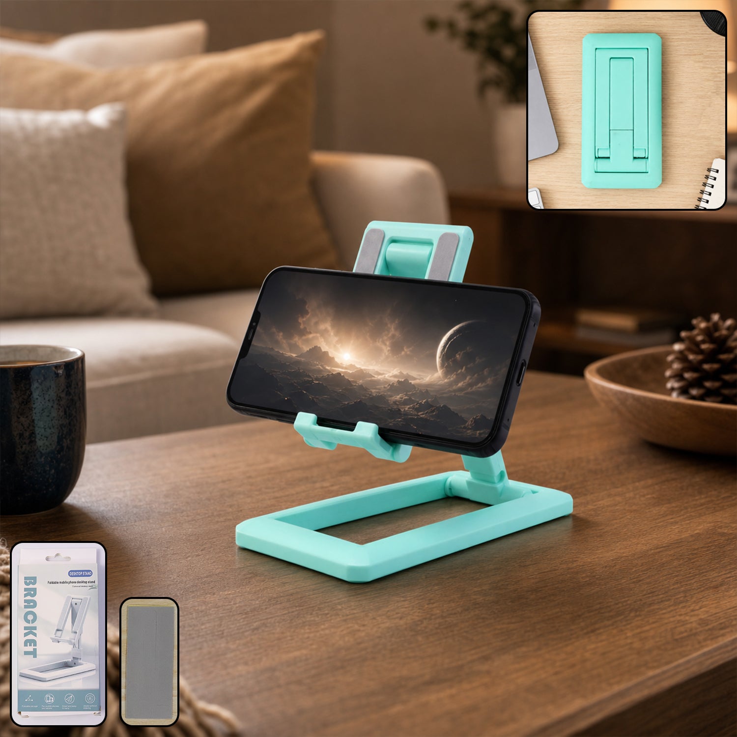 Wukusy foldable plastic mobile phone holder stand on a desk, adjustable design for office use, holds smartphone securely.