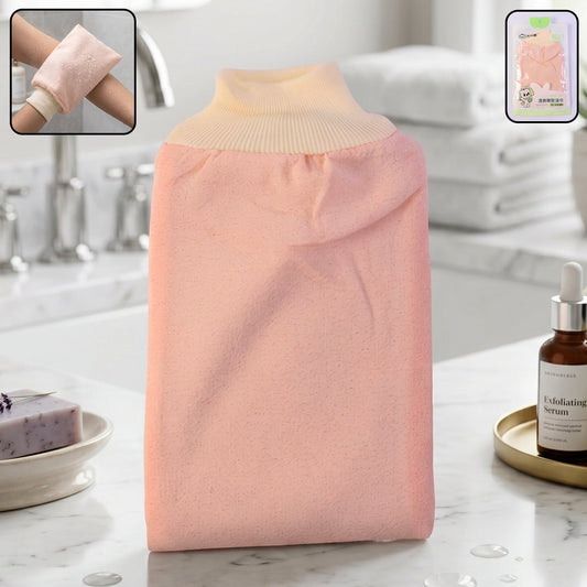 Wukusy soft exfoliating bath scrub glove, a body scrubber shower mitt for gentle skin exfoliation in the shower.