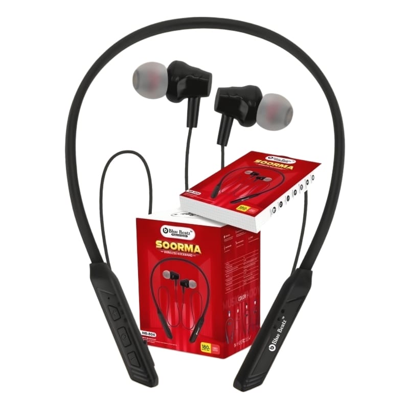 Black Charkee NB-804 wireless neckband Bluetooth earphones with in-the-ear design and music controls, up to 20 hours playback.