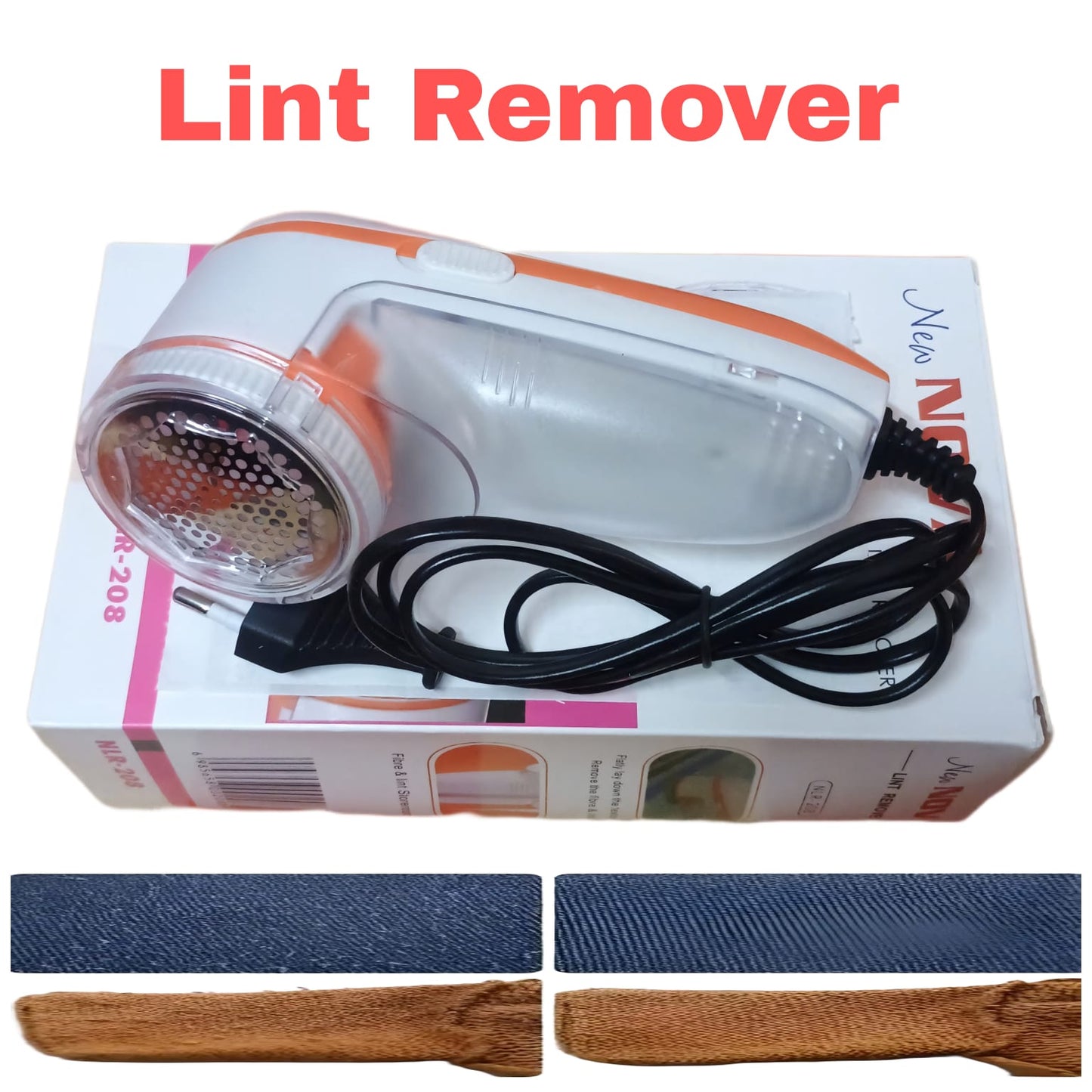 Orange Charkee lint remover for woolen clothes, electric lint shaver from brand 8354, shown with the device and its shaving head.