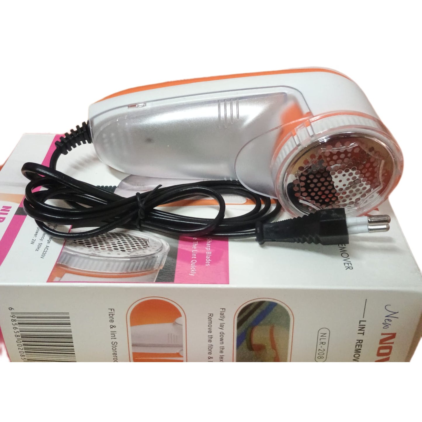 Orange Charkee lint remover for woolen clothes, electric lint shaver by 8354, shown with its compact design and blade head.
