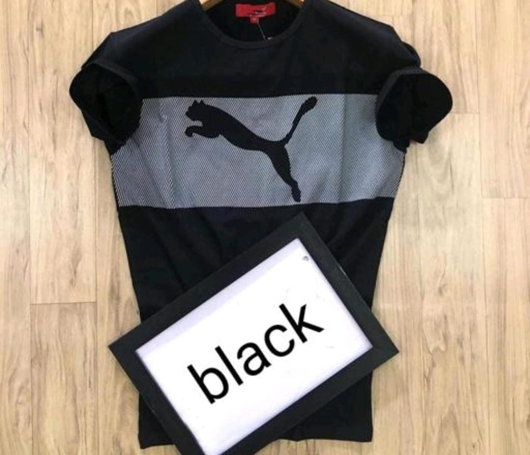 Men's Puma Trending T-shirts in black and grey, size small, displayed flat showcasing casual style and comfortable fit.
