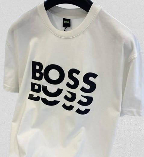 White BOSS men's T-shirt with crew neck and short sleeves, size M, made from comfortable fabric, featuring subtle branding details.
