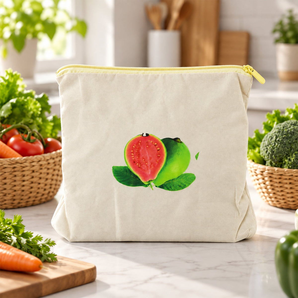 Reusable cotton fruit and vegetable storage bag with zipper from Wukusy, 29x28.5 cm, showing the breathable fabric and zipper closure.