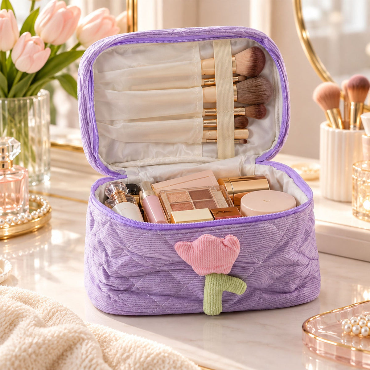 Wukusy reusable quilted bento bag with handle and storage pockets, 21x15 cm, featuring a padded quilted design and compact size.