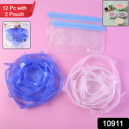 12 Peace Reusable Stretch Lids Set With 2 Storage Pouches  Flexible Food Cover Lids