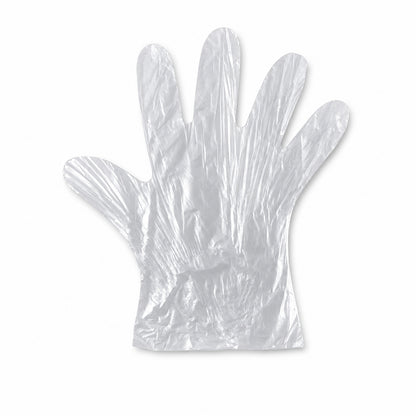 Pair of Wukusy disposable small plastic gloves for kitchen food handling and cleaning tasks, shown in a close-up image.