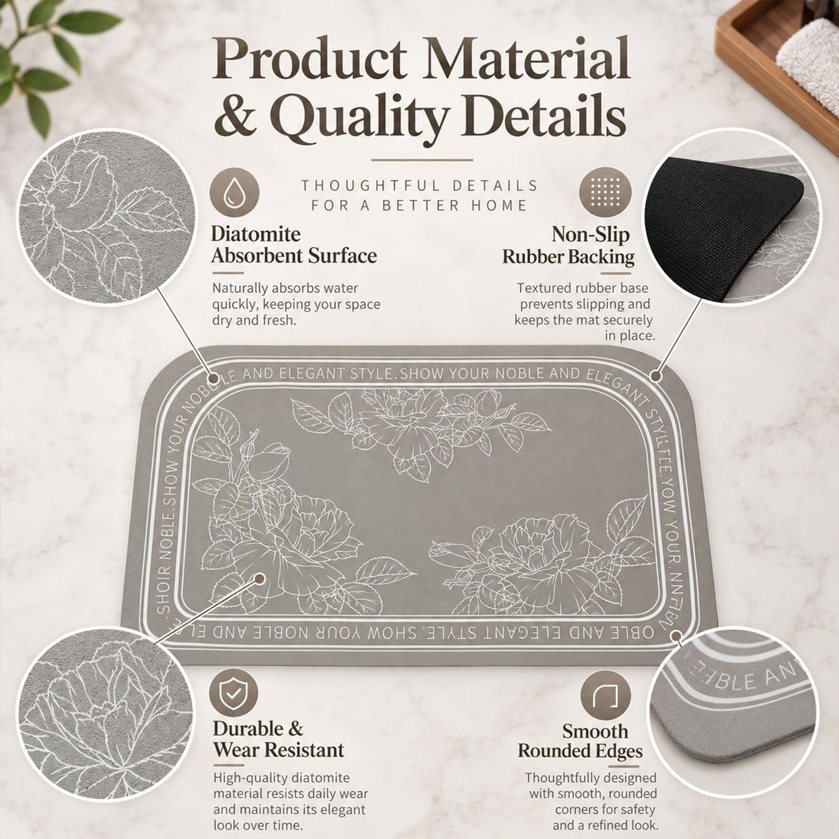 Wukusy absorbent half round bathroom mat with floral print, quick-dry fabric, measuring 50x80 cm, placed on bathroom floor.