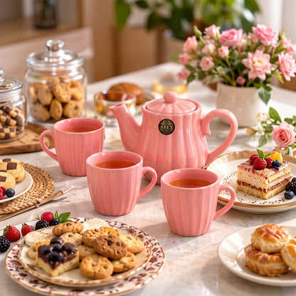 Wukusy ribbed ceramic tea set with teapot and four cups for serving and gifting, featuring a textured design and elegant finish.