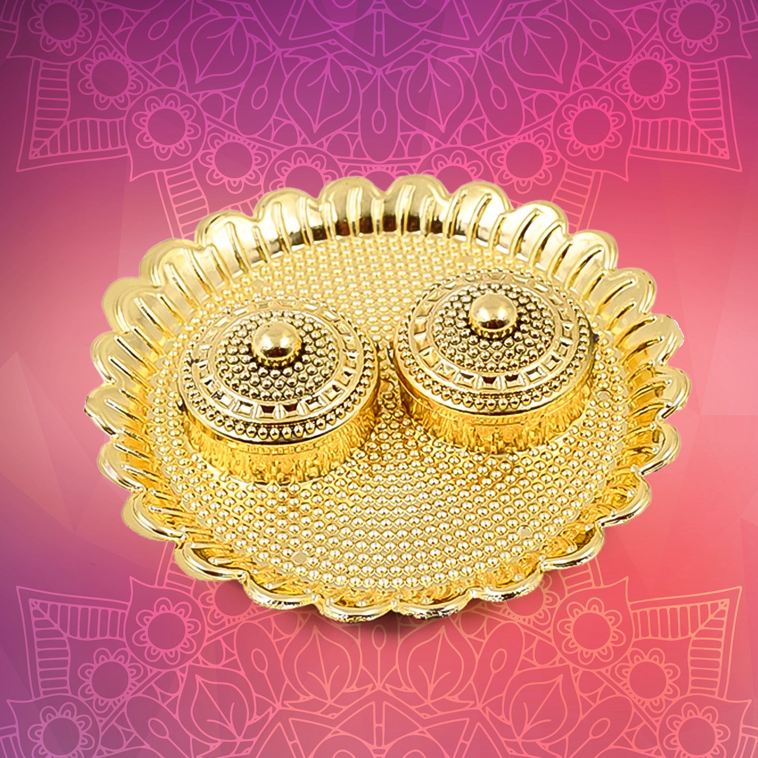 Round Puja Thali holder with kumkum compartment, large size, made by Wukusy for religious rituals and offerings.