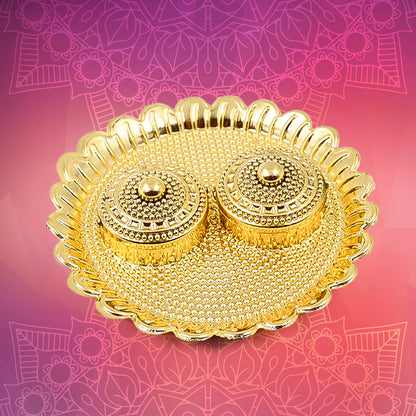 Round Puja Thali holder with kumkum compartment, large size, made by Wukusy for religious rituals and offerings.
