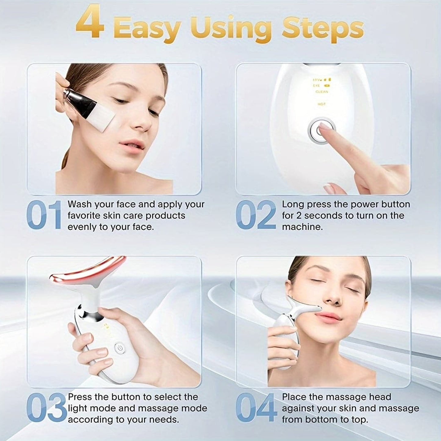 Wukusy electric face massager with LED photon therapy for wrinkle removal and skin rejuvenation, showing the device with control panels.