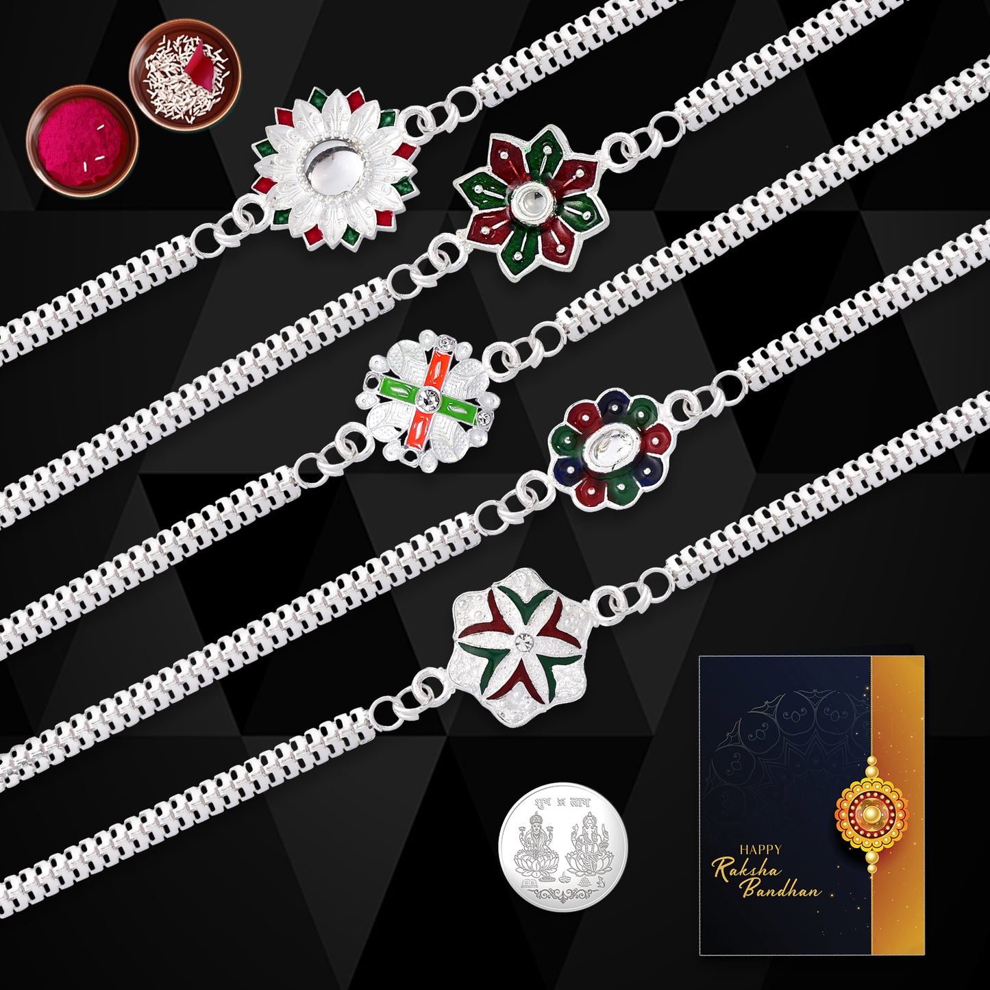 Silver look fancy 5 Rakhi set with greeting card, coin, tilak, and stylish bracelet Rakhis for brothers by Wukusy