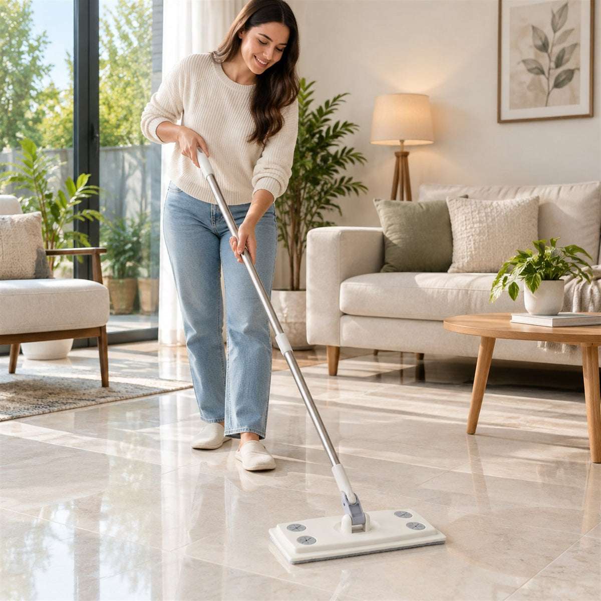 Wukusy rotating flat mop with sectional rod and cloth clips for cleaning, shown with adjustable handle and microfiber cloth attached