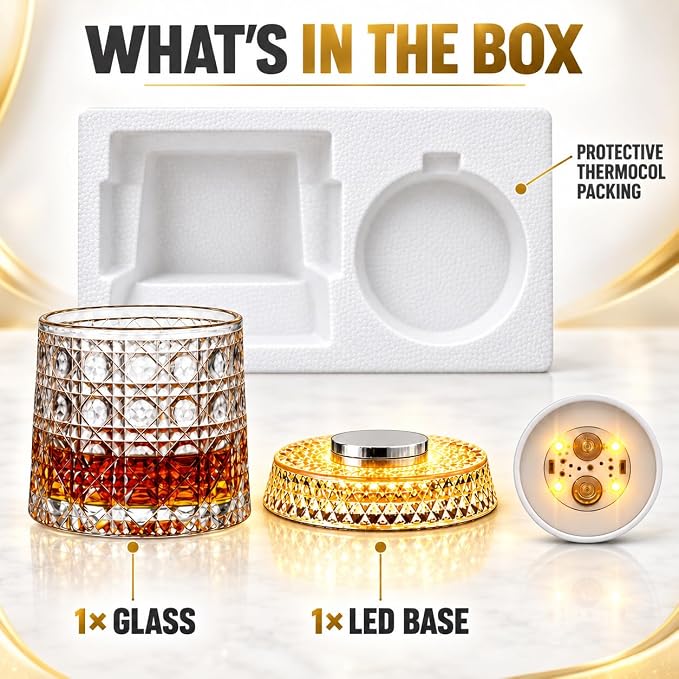 Dropdash 360° spinning whiskey glass with light, featuring a religious and spiritual design, showcasing the illuminated glass in motion.
