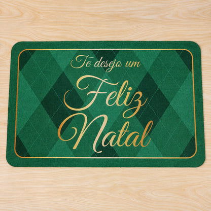 Green argyle Christmas greeting bath mat by Wukusy, 60x40 cm, absorbent door rug with festive holiday design.