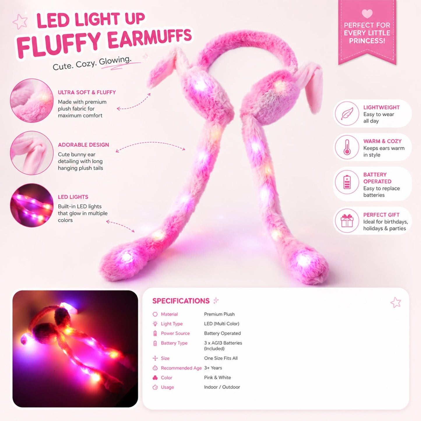 Led Light Soft Plush Winter Earmuffs With Cute Bunny Ears  Long Tails (1 Piece)