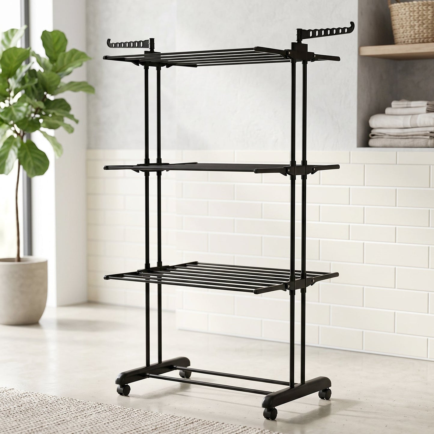Metal Expandable Garment Rack 3 Layer Cloth Drying Stand With Wheels (1 Pc)