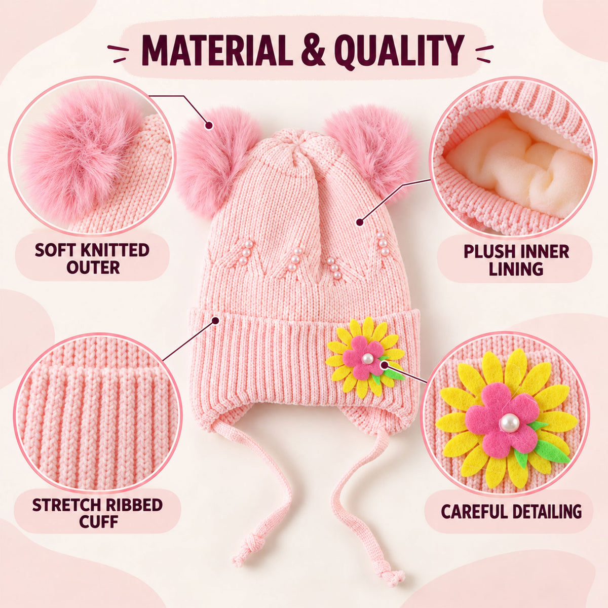 Kids Soft Knitted Winter Caps With Twin Pom Poms And Floral Detail (1 Pc)