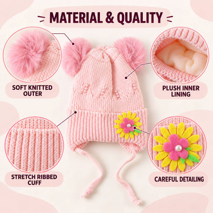 Kids Soft Knitted Winter Caps With Twin Pom Poms And Floral Detail (1 Pc)