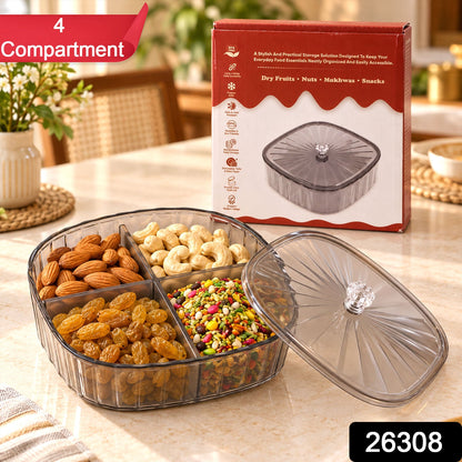 Wukusy dry fruit storage box with four compartments and lid for nuts and snacks, clear plastic with black lid and divided sections.