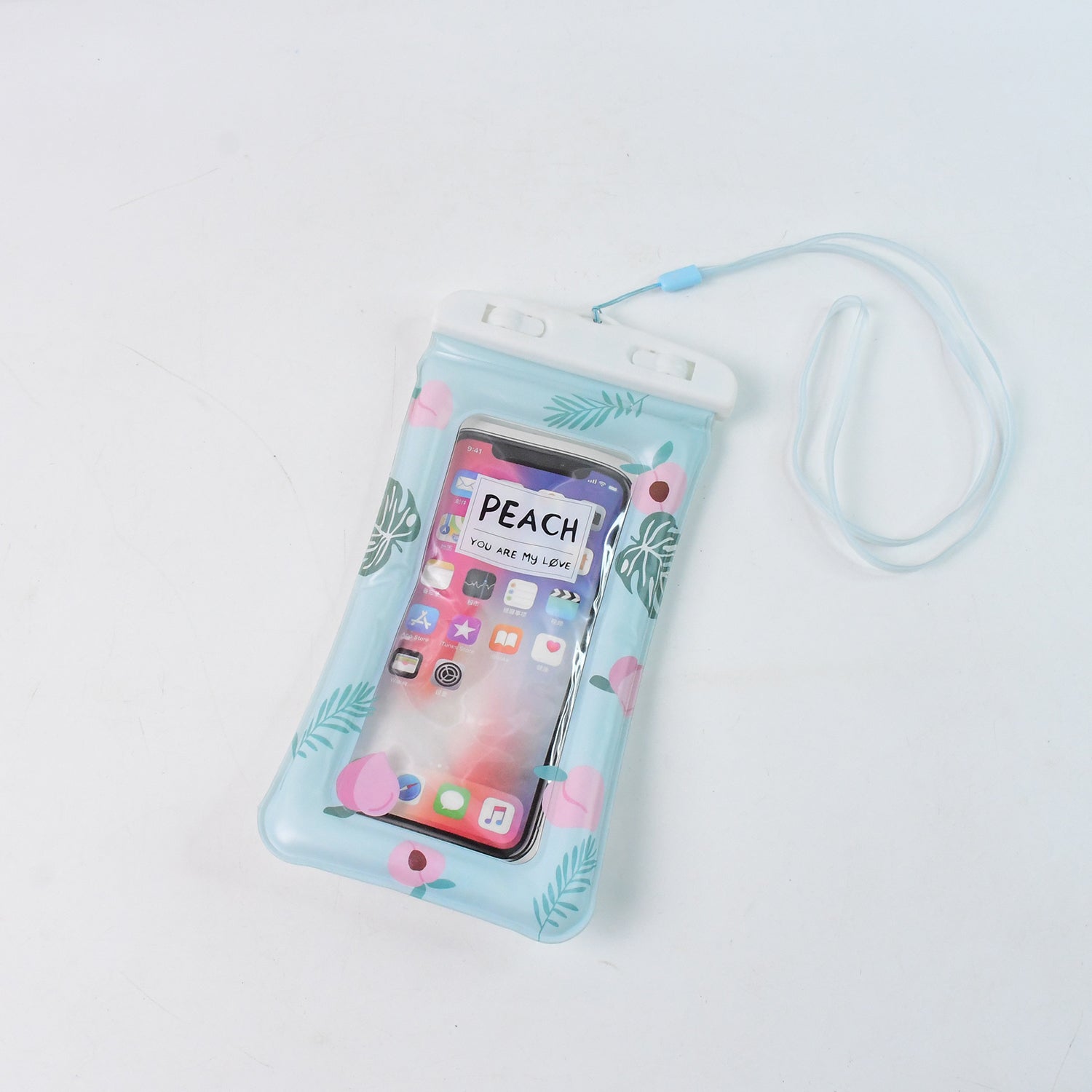 Waterproof peach transparent mobile pouch with neck strap by Wukusy, designed to protect smartphones from water and dust.