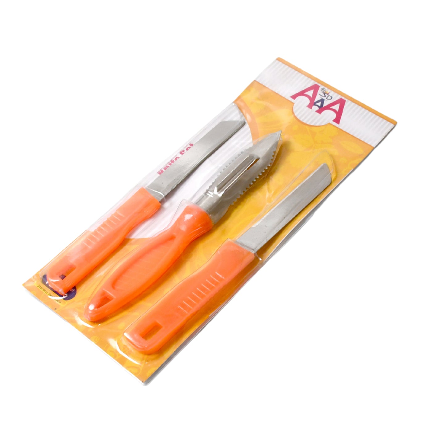 Wukusy 3-in-1 stainless steel kitchen knife set with plain, vegetable peeler, and fruit knives for chopping, cutting, and peeling.