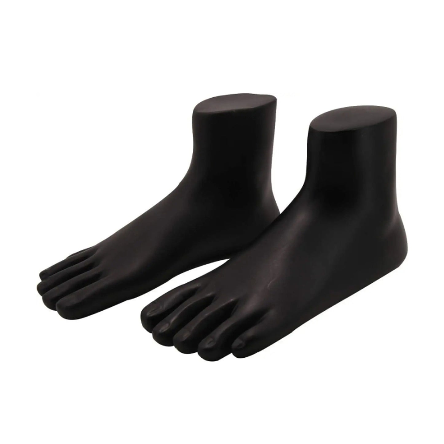 Pair of black foot mannequin display stands by Wukusy, showcasing realistic foot forms for retail or photography displays.
