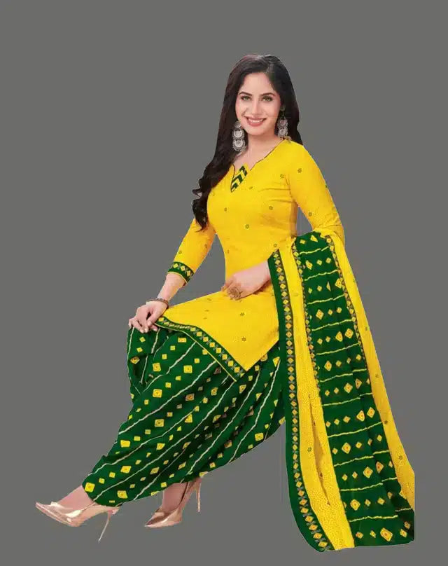 Yellow and green crepe printed dress material for women and girls, unstitched suit fabric by 9444.