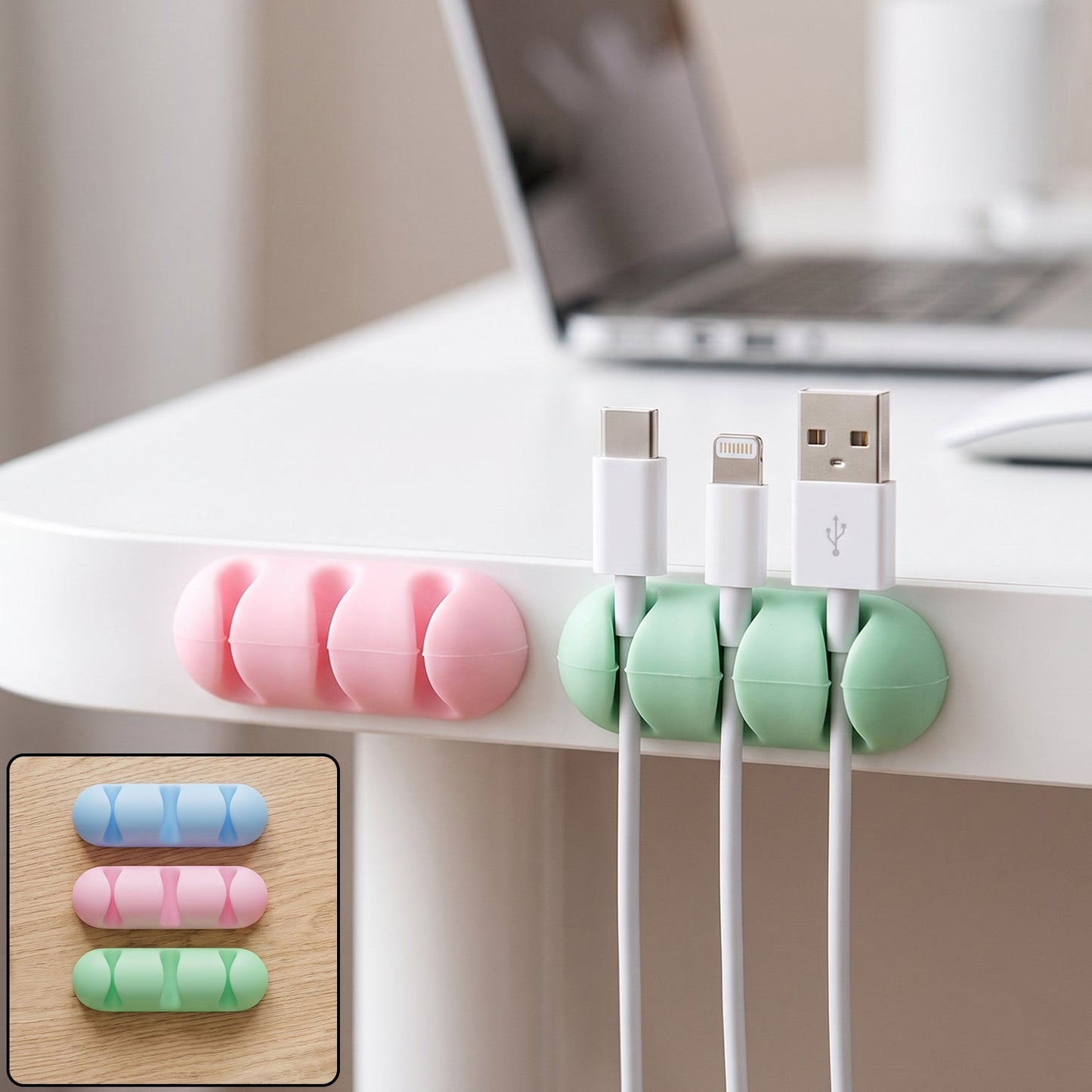 Silicone Cable Organizer Holder With 4 Cord Slots For Desk And Office Use (3 Pc)