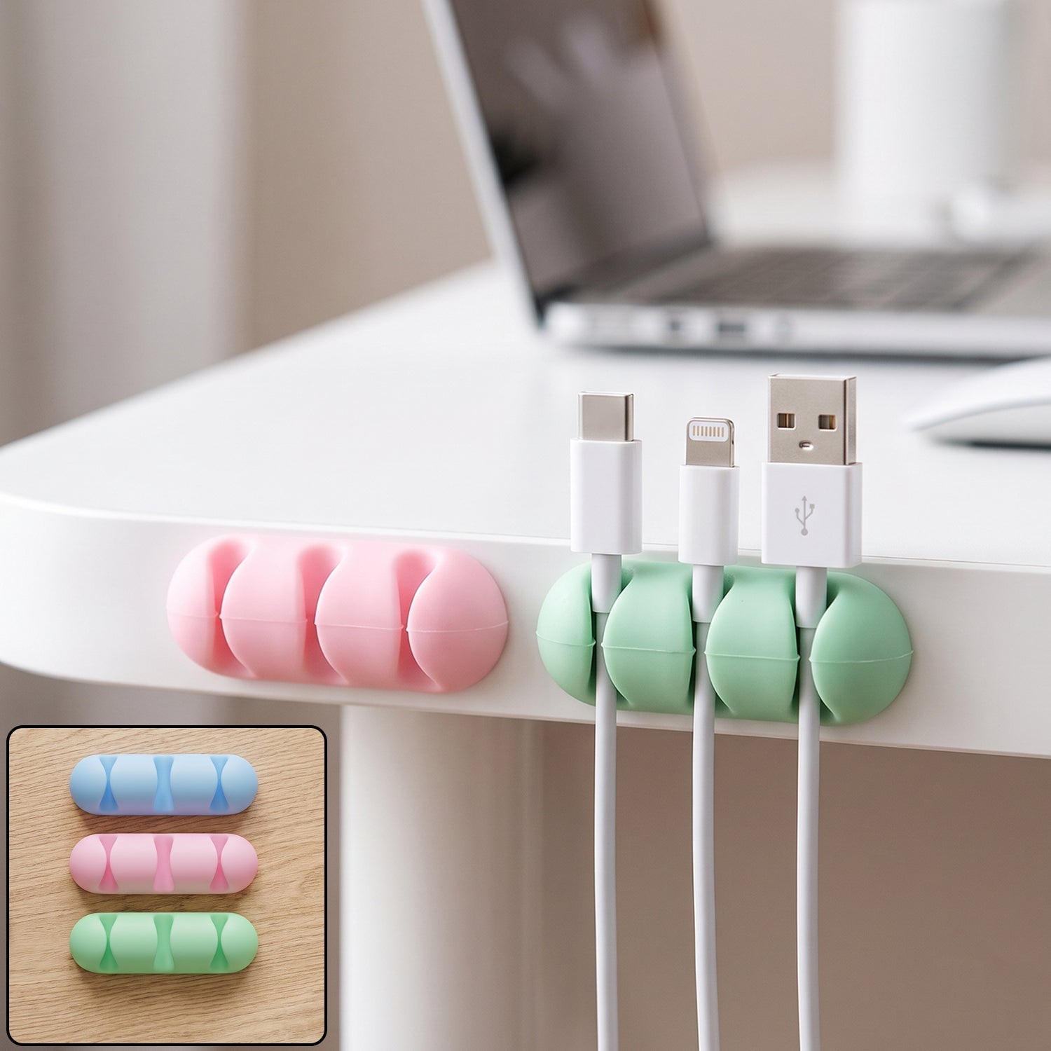 Silicone Cable Organizer Holder With 4 Cord Slots For Desk And Office Use (3 Pc)
