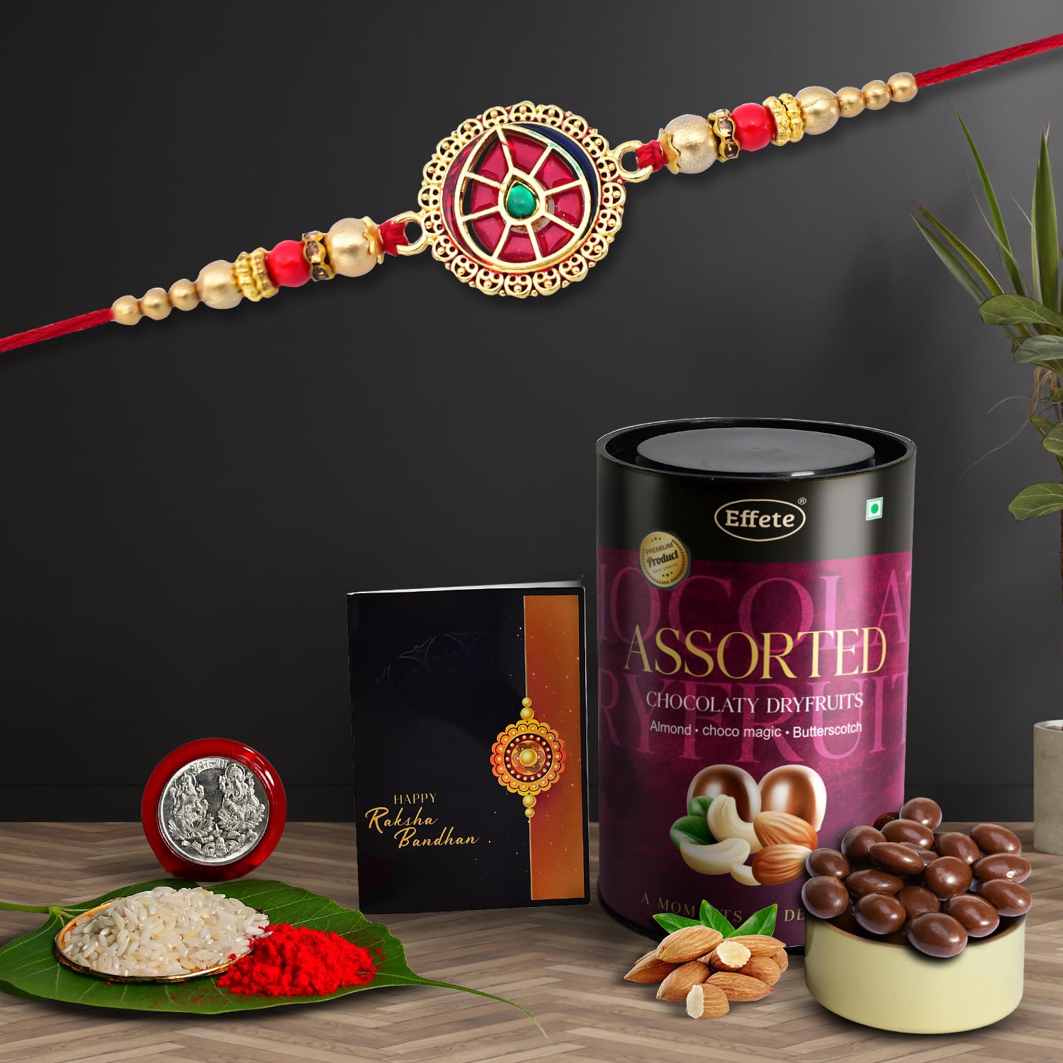 Wukusy designer Rakhi for brother with assorted chocolates and dry fruits in a set of 1, featuring intricate thread details.