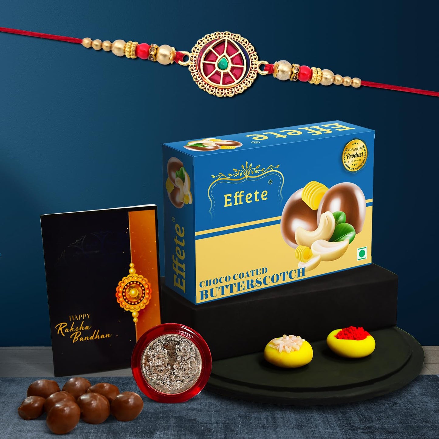 Wukusy Rakhi combo with handmade stylish Rakhi and chocolate Butter Scotch 32g for brother, includes gift packaging.
