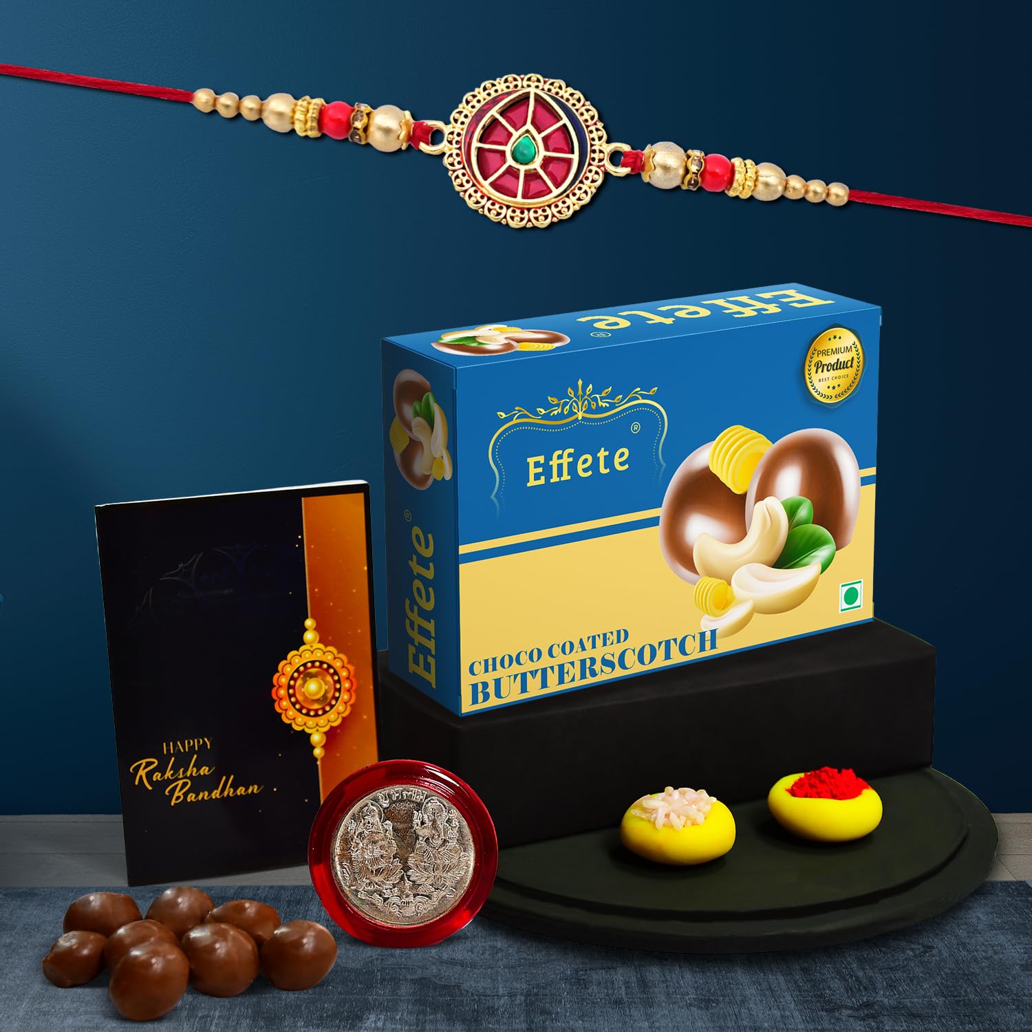 Wukusy Rakhi combo with handmade stylish Rakhi and chocolate Butter Scotch 32g for brother, includes gift packaging.