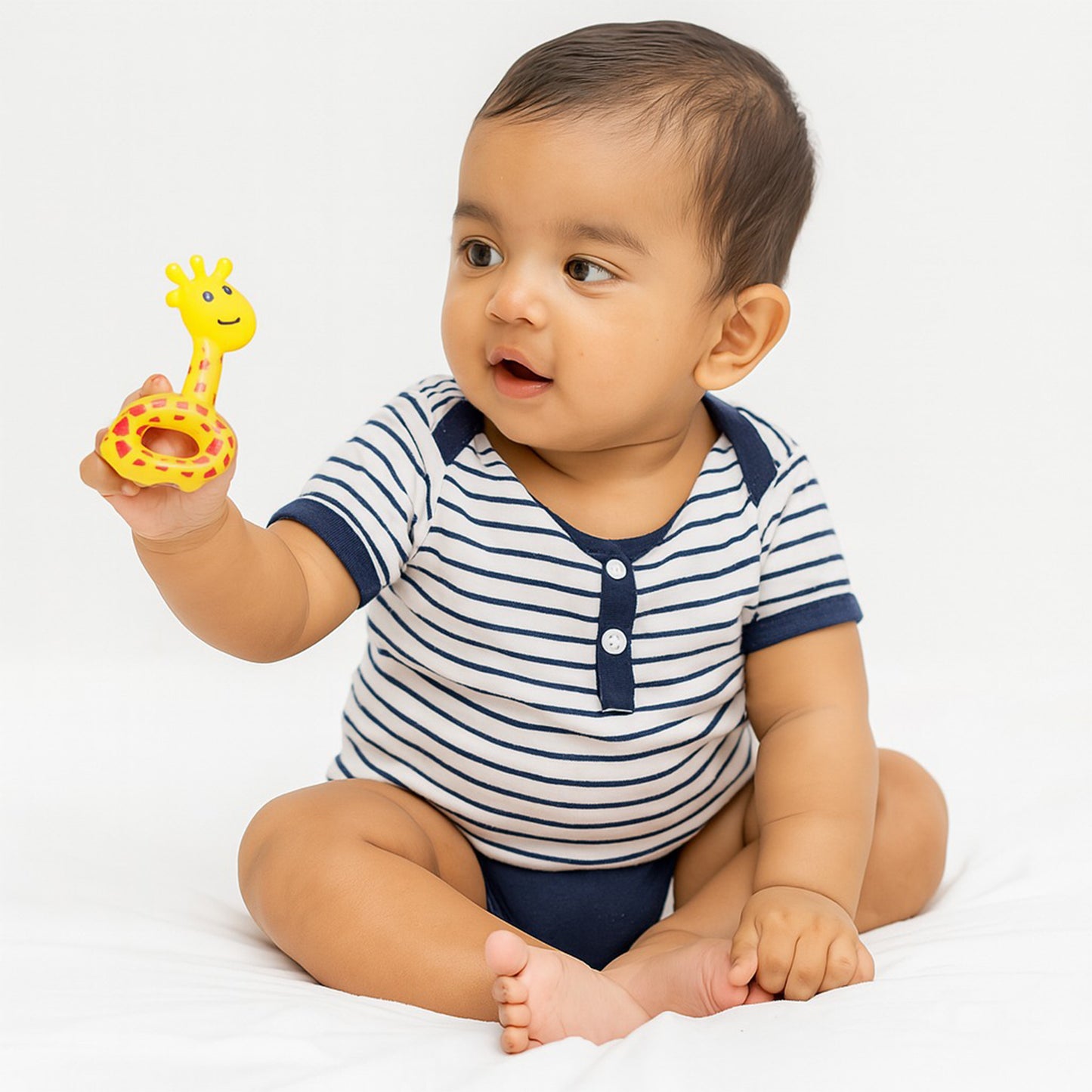 Set of five colorful plastic baby rattles by Wukusy, soft textured toys designed for infants to shake and grasp.