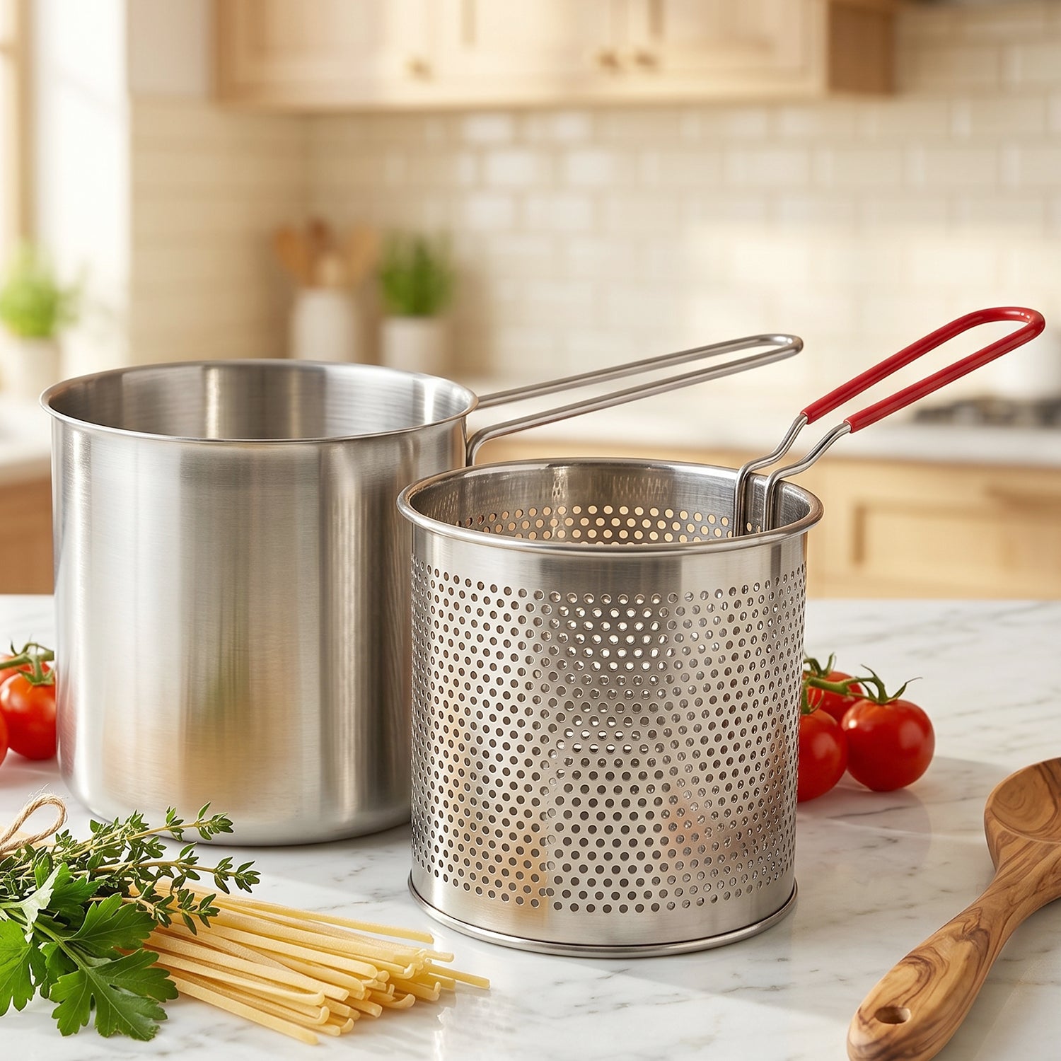 Wukusy stainless steel deep frying pot with strainer basket set for kitchen cooking and frying.